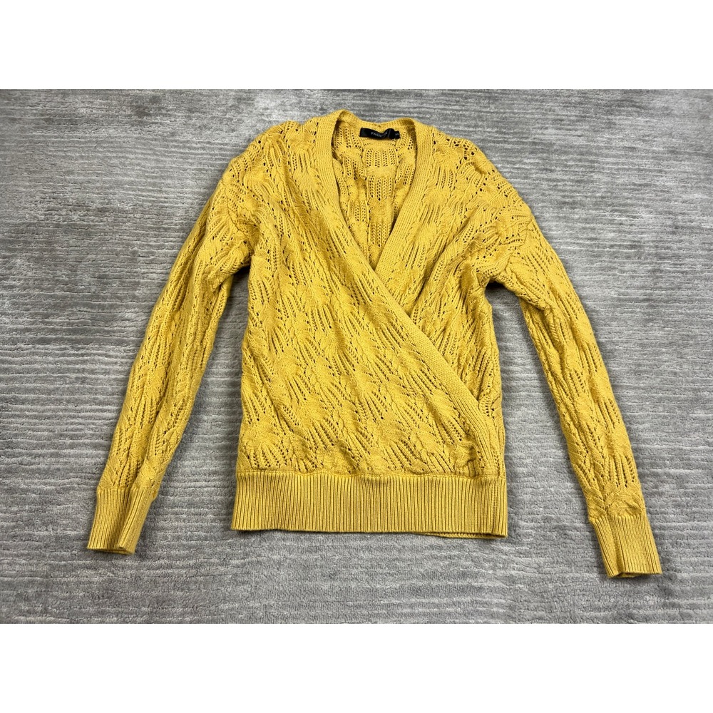 Fashion Sweater‎ Womens Small Yellow Surplice Wrap Pointelle Cable Knit V-Neck